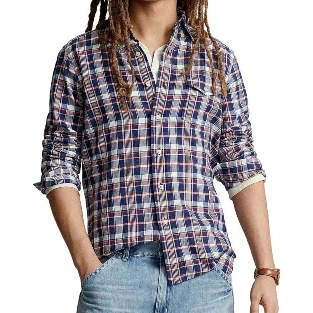 Polo Ralph Lauren Classic Fit Indigo Bleeding Madras Plaid LS Shirt Men's Sz S
